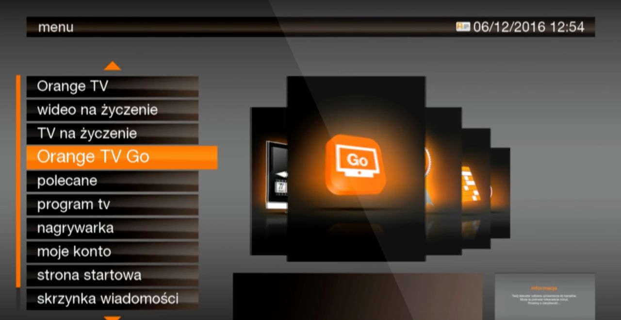 Menu dekodera, w którym aktywować można usługę Orange Tv Go.