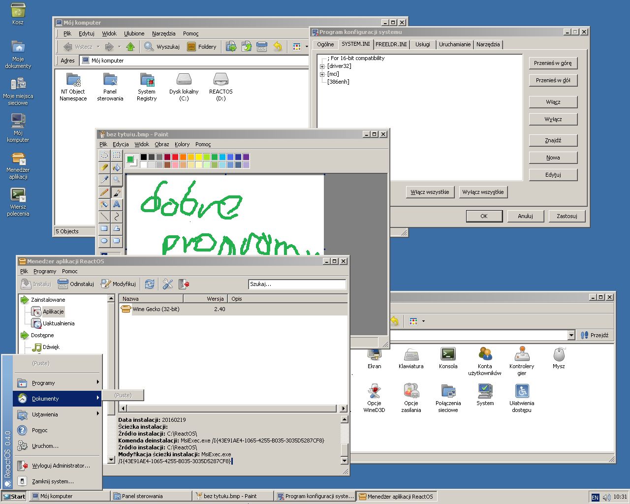 ReactOS w całej okazałości. Dostajemy nawet otwartą wersję Painta