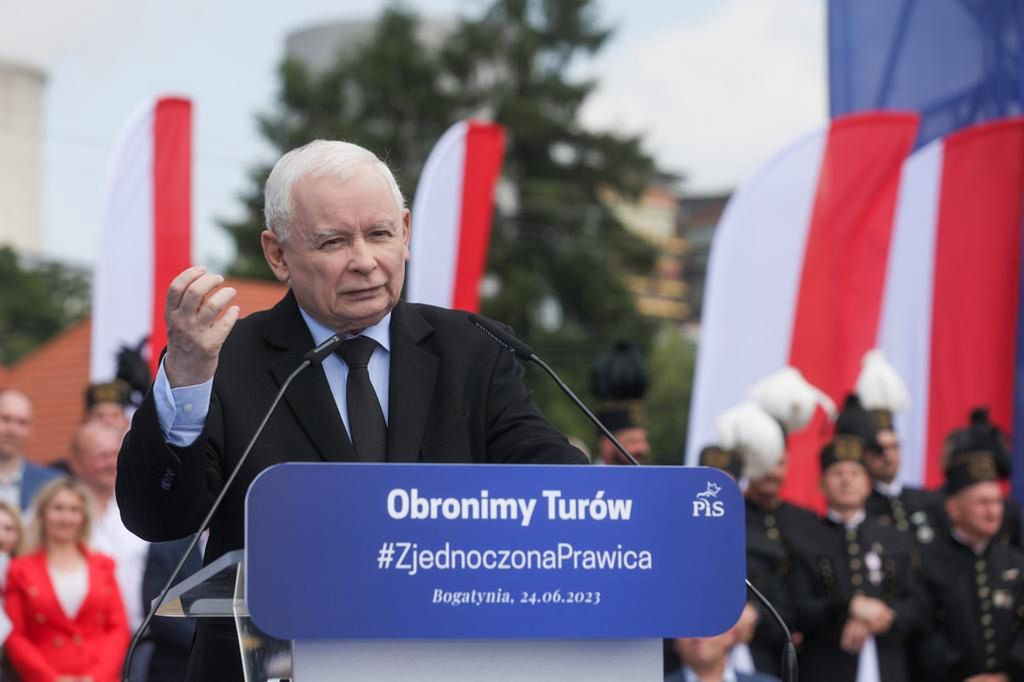 Jarosław Kaczyński podczas wiecu w Bogatyni