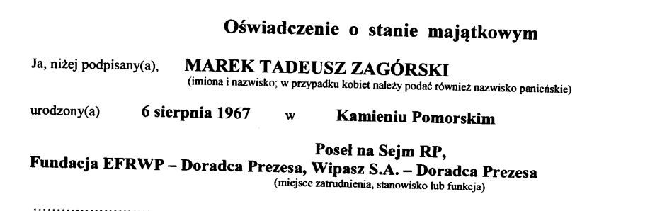 Fragment oświadczenia majątkowego Marka Zagórskiego.