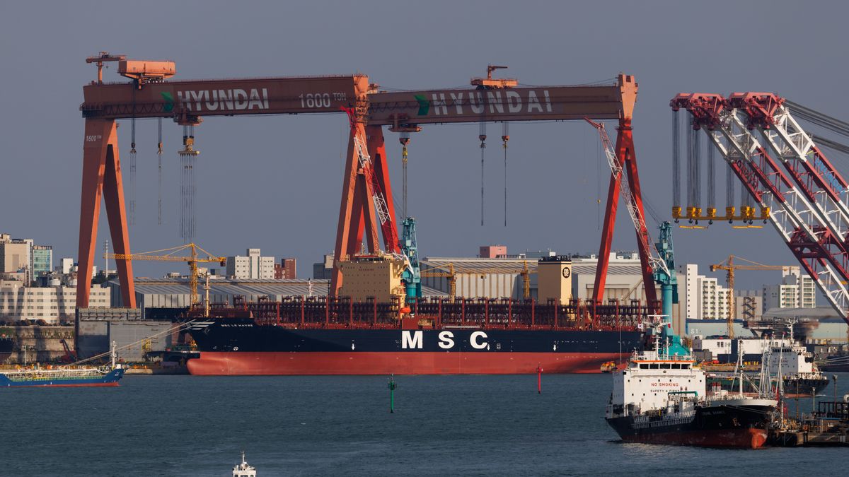 A Mediterranean Shipping Co. (MSC) container ship under construction at the HD Hyundai Heavy Industries Co. shipyard in Ulsan, South Korea, on Sunday, March 30, 2025. South Korea's exports picked up growth momentum in March, offering some relief for policymakers scrambling to shield the trade-reliant economy from President Donald Trump's escalating tariff campaign. Photographer: SeongJoon Cho/Bloomberg via Getty Images