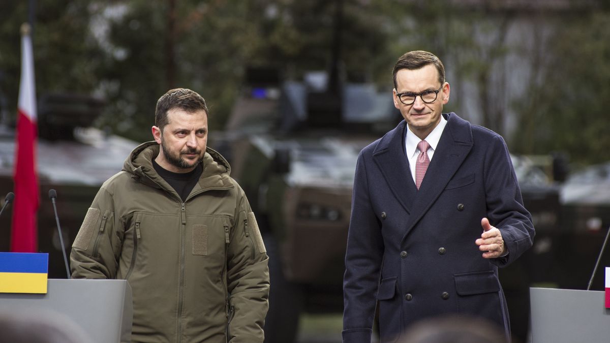 WARSAW, MAZOWIECKIE, POLAND - 2023/04/05: President Volodymyr Zelensky and Prime Minister Mateusz Morawiecki are seen during a press conference outside the Prime Minister's office in Warsaw. Volodymyr Zelensky and his wife Olena made a one day visit to Warsaw as a gesture of thanks to neighbouring Poland for it's support in Ukraine's defense against the Russian invasion on Ukraine. The Ukrainian President met the Polish Prime Minister Mateusz Morawiecki to discuss the further military support of Poland for Ukraine's army. . (Photo by Attila Husejnow/SOPA Images/LightRocket via Getty Images)