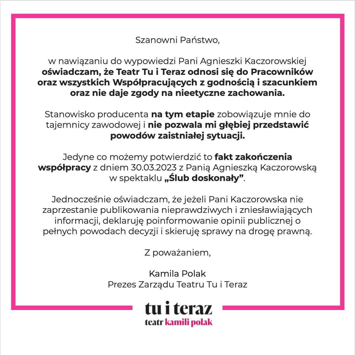 Oświadczenie Teatru Tu i Teraz