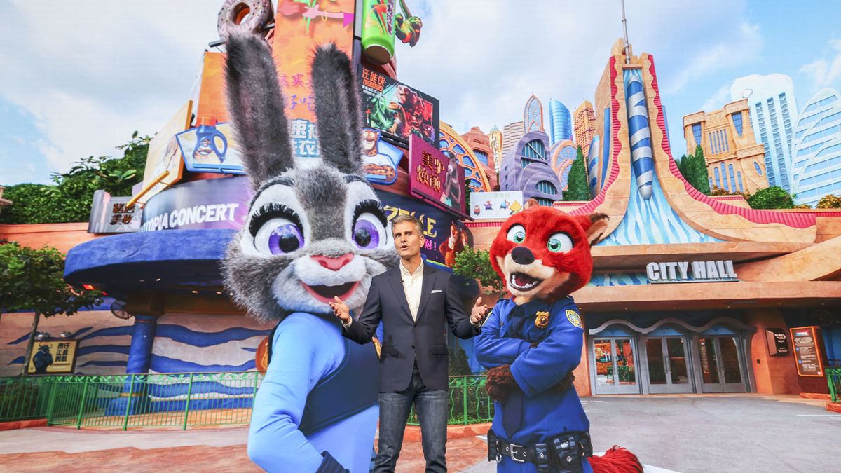 SHANGHAI, CHINA - DECEMBER 19: Josh D'Amaro, chairman of Disney Experiences, speaks during the grand opening ceremony of Shanghai Disney Resort's Zootopia-themed land on December 19, 2023 in Shanghai, China. The Zootopia land in Shanghai Disney Resort is expected to open to the public from December 20. (Photo by VCG/VCG via Getty Images)