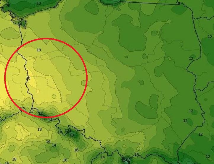 Mapa z prognozą dla Polski. Wkrótce nawet 20 st. C w zachodniej części kraju