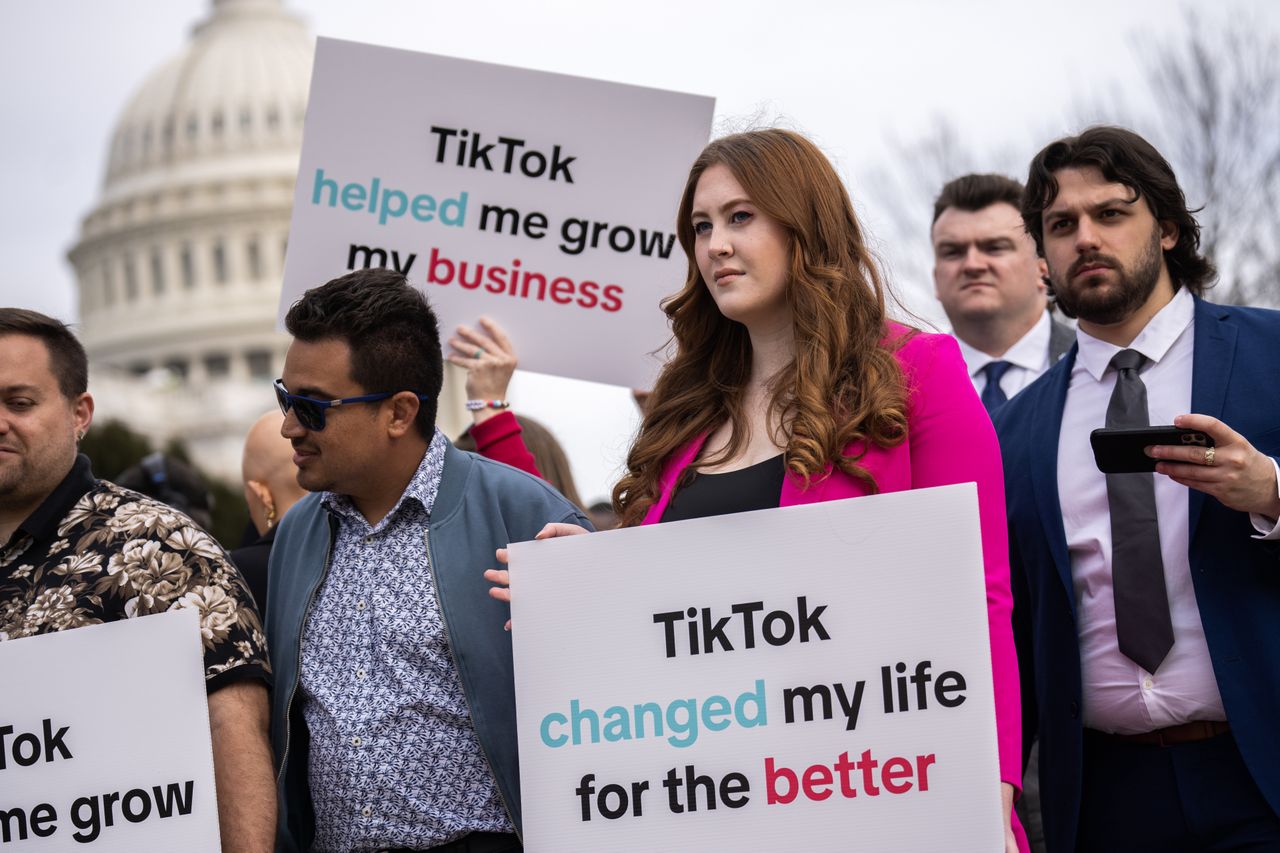 UNITED STATES - MARCH 13: TikTok supporters are seen outside the U.S. Capitol before the House passed the Protecting Americans from Foreign Adversary Controlled Applications Act, that could ban TikTok in the U.S., on Wednesday, March 13, 2024. (Tom Williams/CQ-Roll Call, Inc via Getty Images)