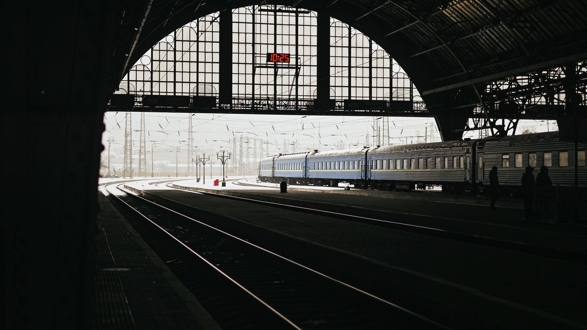 The railway station of Lviv under the snow, April 6, 2023. Daily life in the city of Lviv, in the west of Ukraine.  (Photo by Adrien Fillon/NurPhoto via Getty Images)