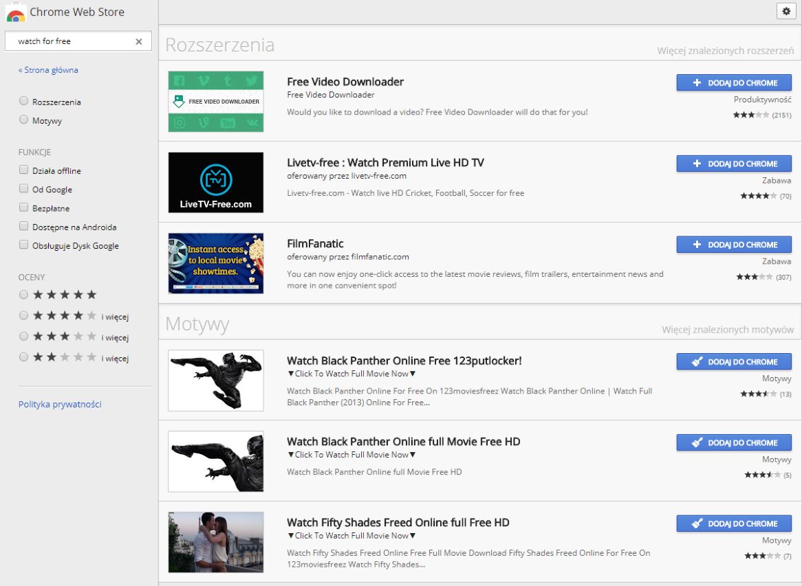 Opisy dodatków w Chrome Web Store czasem bez owijania w bawełnę wskazują, że coś jest nie tak. Na powyższym zrzucie widać opisywany wcześniej problem ze szkodliwymi motywami.