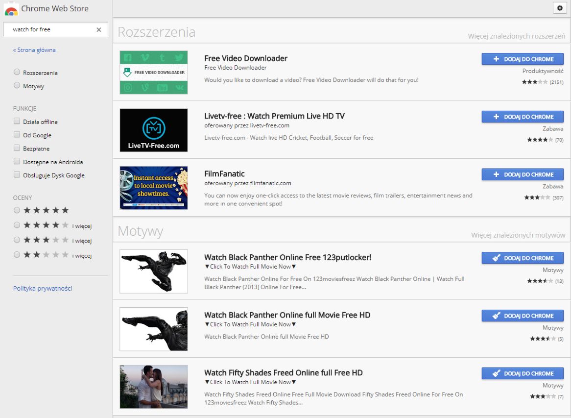 Opisy dodatków w Chrome Web Store czasem bez owijania w bawełnę wskazują, że coś jest nie tak. Na powyższym zrzucie widać opisywany wcześniej problem ze szkodliwymi motywami.