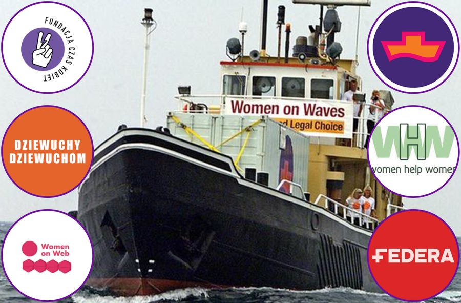 Statek Women on Waves oraz logotypy fundacji prokobiecych
