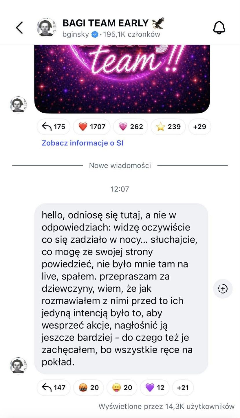 Bagi opublikował przeprosiny