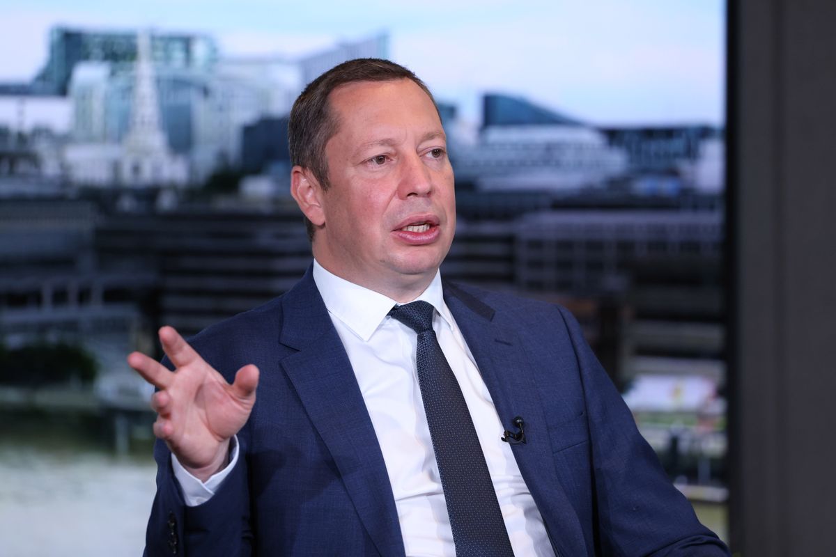 Kyrylo Shevchenko, governor of the National bank of Ukraine, gestures during a Bloomberg Television interview in London, U.K., on Thursday, July 15, 2021. Ukraine expects to receive more transfers from its $5 billion International Monetary Fund loan before it expires at year-end, according to the head of the countrys central bank. Photographer: Hollie Adams/Bloomberg via Getty Images