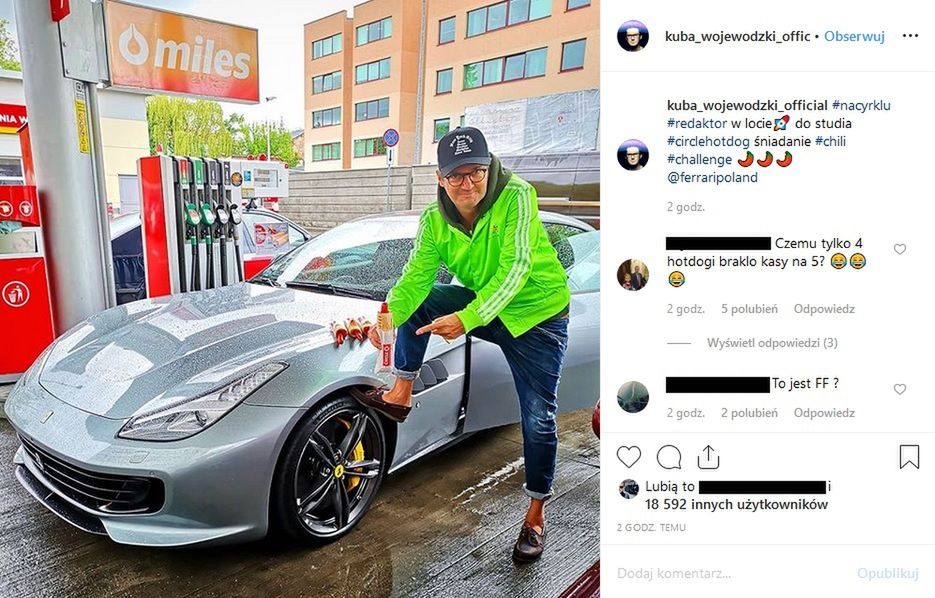 Kuba Wojewódzki chwali się czterema hot-dogami. I Ferrari GTC4Lusso też