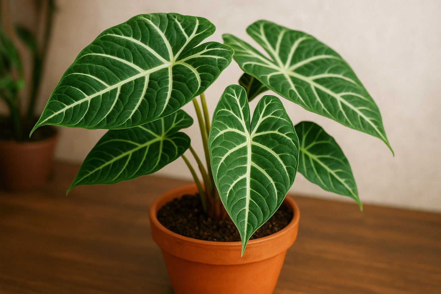 Zbliżenie na alokazję o dużych, błyszczących liściach w domowym wnętrzu – ilustracja artykułu