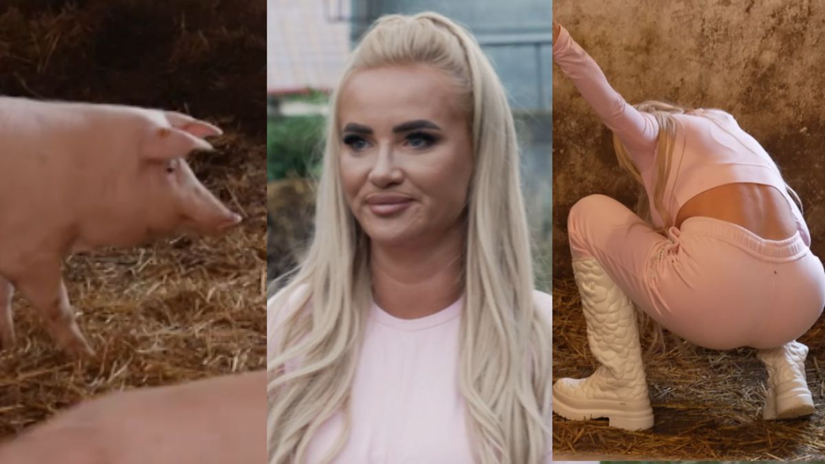 Odziana w różowy dresik Izabela Macudzińska sprząta chlew. "Nie zjem więcej schabowego"