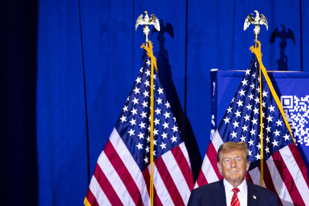 CONCORD, NH - JANUARY, 19:  Former President Donald J. Trump, 45th President of the United States of America, delivers remarks at the Grappone Center in Concord, NH on January 19, 2024. (Photo by Adam Glanzman/For The Washington Post via Getty Images)