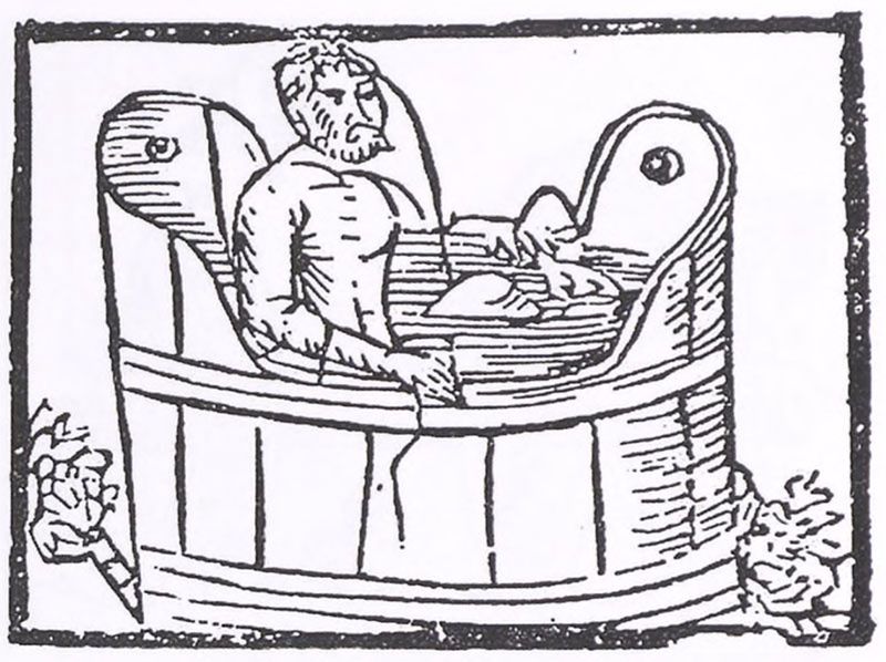 Drewniana wanna kąpielowa ukazana na rycinie z „Żywotu filozofów” Marcina Bielskiego. Rok 1535.