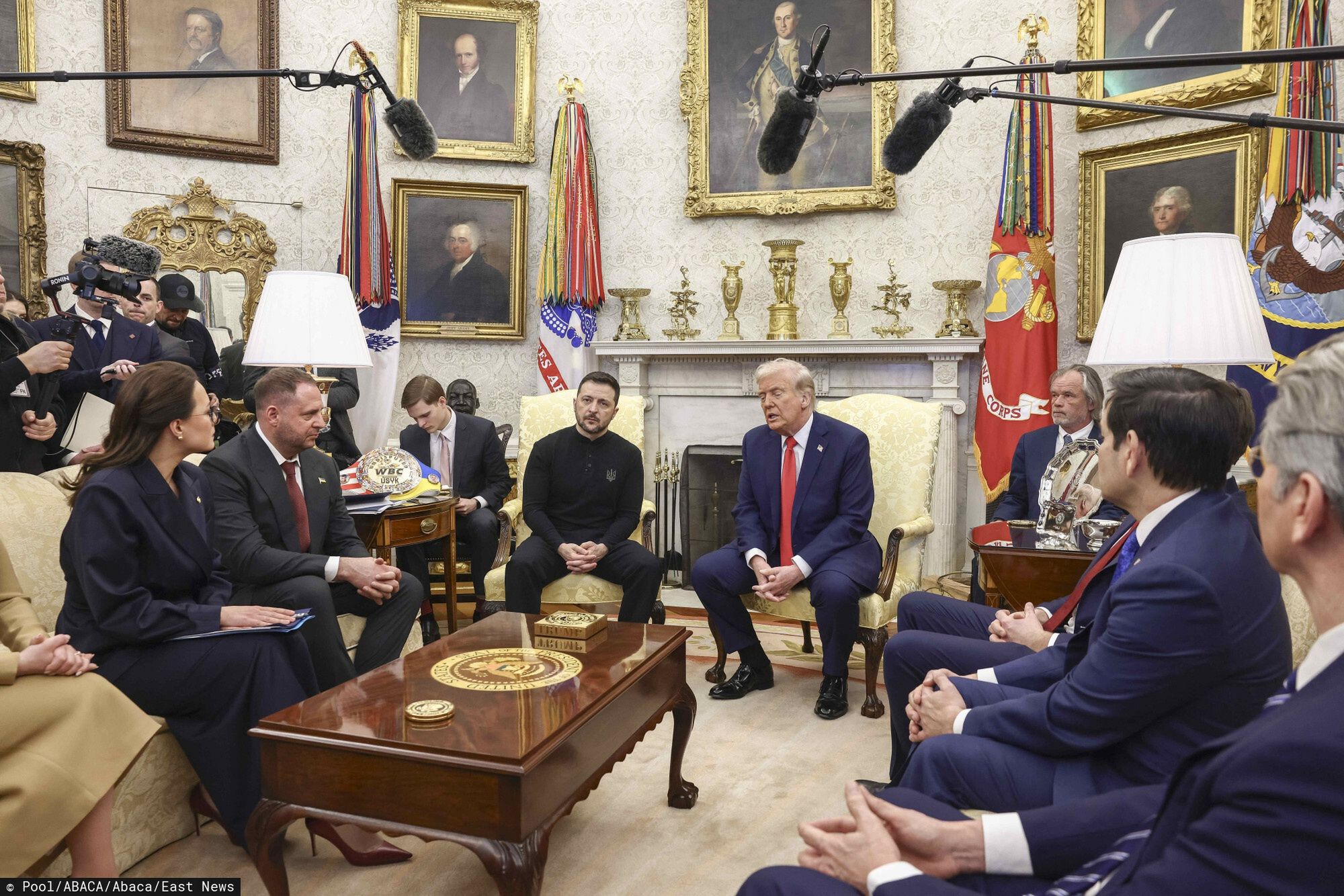 Temporary
US President Donald Trump (3-R) meets with Ukrainian President Volodymyr Zelensky (4-L) in the Oval Office of the White House in Washington, DC, USA, 28 February 2025. Zelensky is in Washington to sign the framework of a deal, pushed by President Trump, to share Ukraines?s mineral wealth with the US.
Pool/ABACA