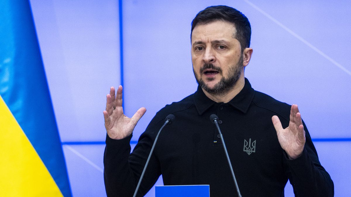 Ukrainian President Volodymyr Zelensky during a press conference after talks with Polish Prime Minister Donald Tusk in Warsaw, Poland, on January 15, 2024. (Photo by Andrzej Iwanczuk/NurPhoto via Getty Images)