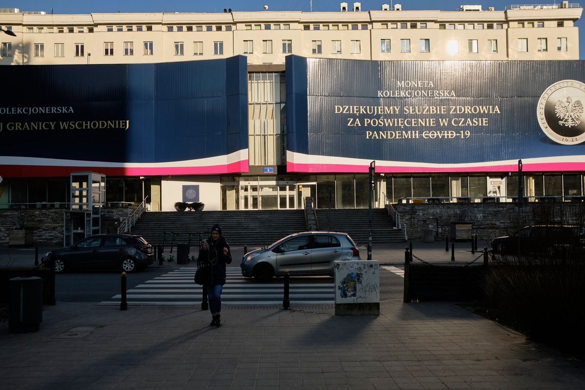 Signage for Poland's central bank, also known as Narodowy Bank Polski (NBP), in Warsaw, Poland, on Monday, Feb. 28, 2022. Polands prime minister warned that Russia may attempt to block the more than 300-mile border it shares with Ukraine, where tens of thousands of people have been fleeing the war. Photographer: Bartek Sadowski/Bloomberg via Getty Images