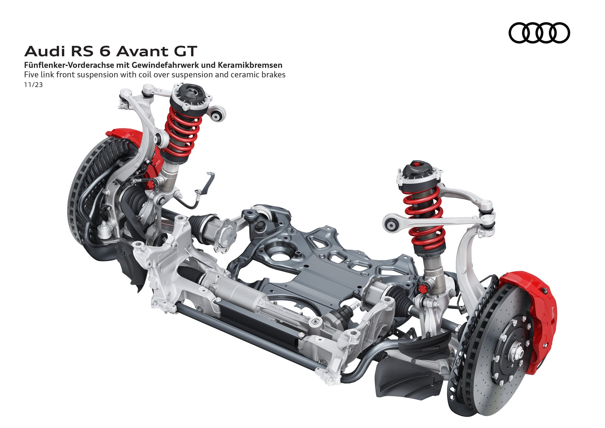 Five link front suspension with coil over suspension and ceramic brakes