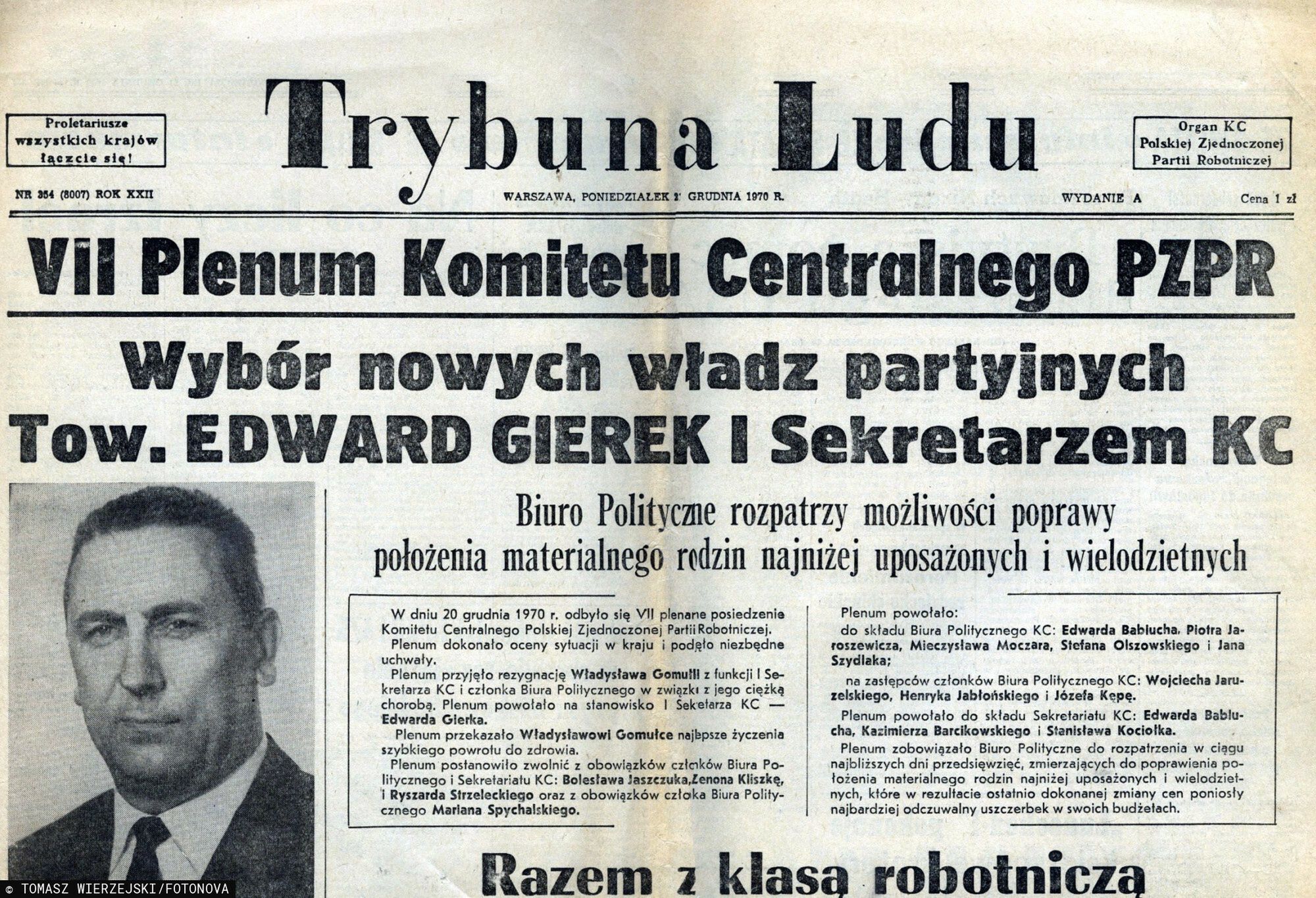 FOTONOVA21.12.1970 Warszawa n/z czolowka dziennika Trybuna Ludu o wyborze na pierwszego sekretarza KC PZPR Edwarda Gierka archiwum Tomasza Wierzejskiego/FOTONOVAarchiwum Tomasza Wierzejskiego/FOTONOVA