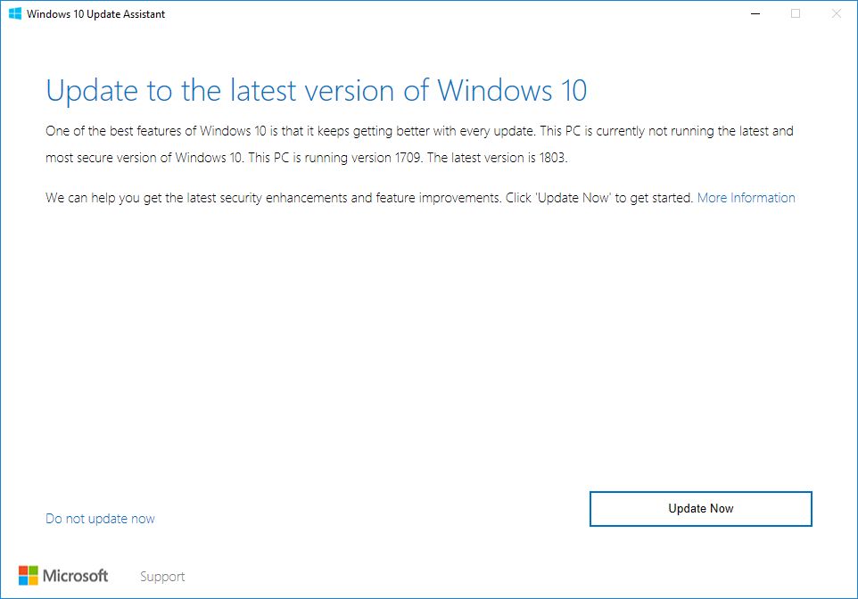 Komunikat zachęcający do instalacji nowego wydania systemu Windows 10 (na przykładzie wersji 1803), źródło: Microsoft.