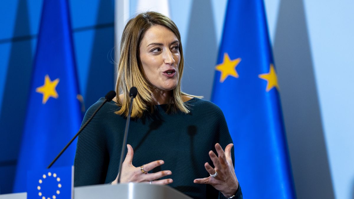President of the European Parliament Roberta Metsola during a statement to the press after the meeting of the Conference of Presidents of the European Parliament with Prime Minister Donald Tusk and representatives of the Polish government, in Warsaw, Poland, on December 5, 2024. (Photo by Andrzej Iwanczuk/NurPhoto via Getty Images)