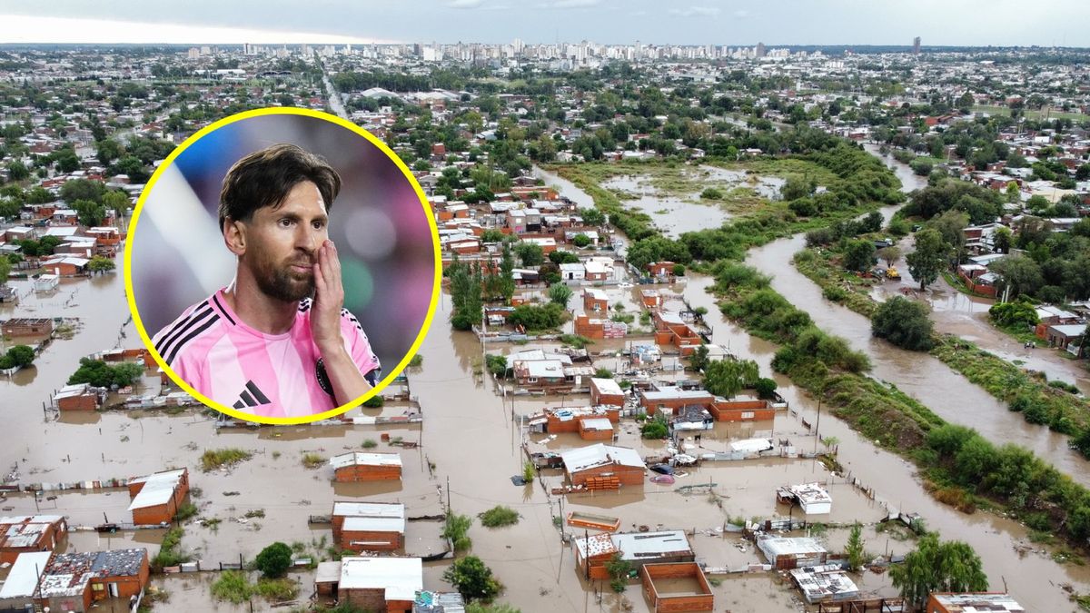 Materiały prasowe / PABLO PRESTI / Zniszczenia w Bahia Blanca (EPA/PABLO PRESTI), w kółku: Lionel Messi (Rich Storry/Getty Images)