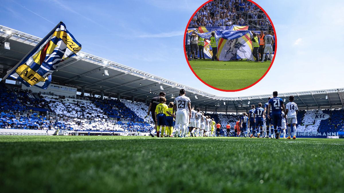 Na dużym zdjęciu: Piłkarze wychodzący na boisko (Getty Images), w kółeczku: Fatalna sytuacja z udziałem Jamiego Lawrenca (Twitter)