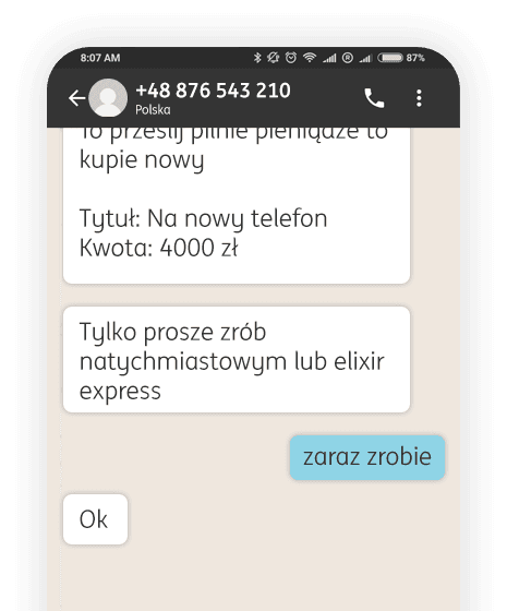 Przykład oszustwa przez komunikator