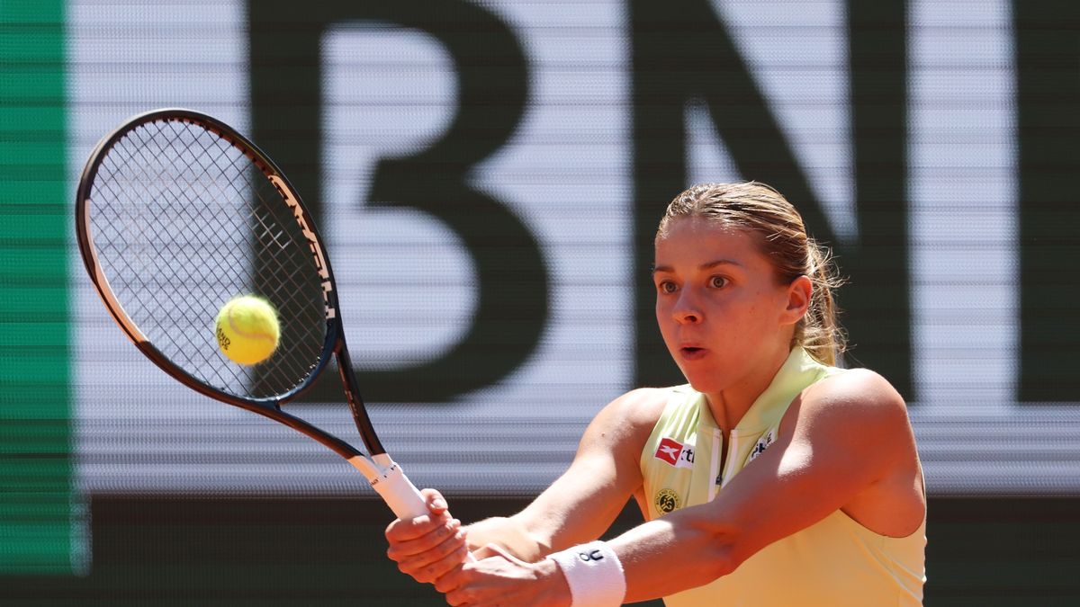 PARIS, FRANCE - JUNE 06: Maja Chwalinska of Poland plays a forehand against Mirra Andreeva during their Women's Singles final on Day Fourteen of the 2026 French Open at Roland Garros on June 06, 2026 in Paris, France. (Photo by Matthew Stockman/Getty Images)