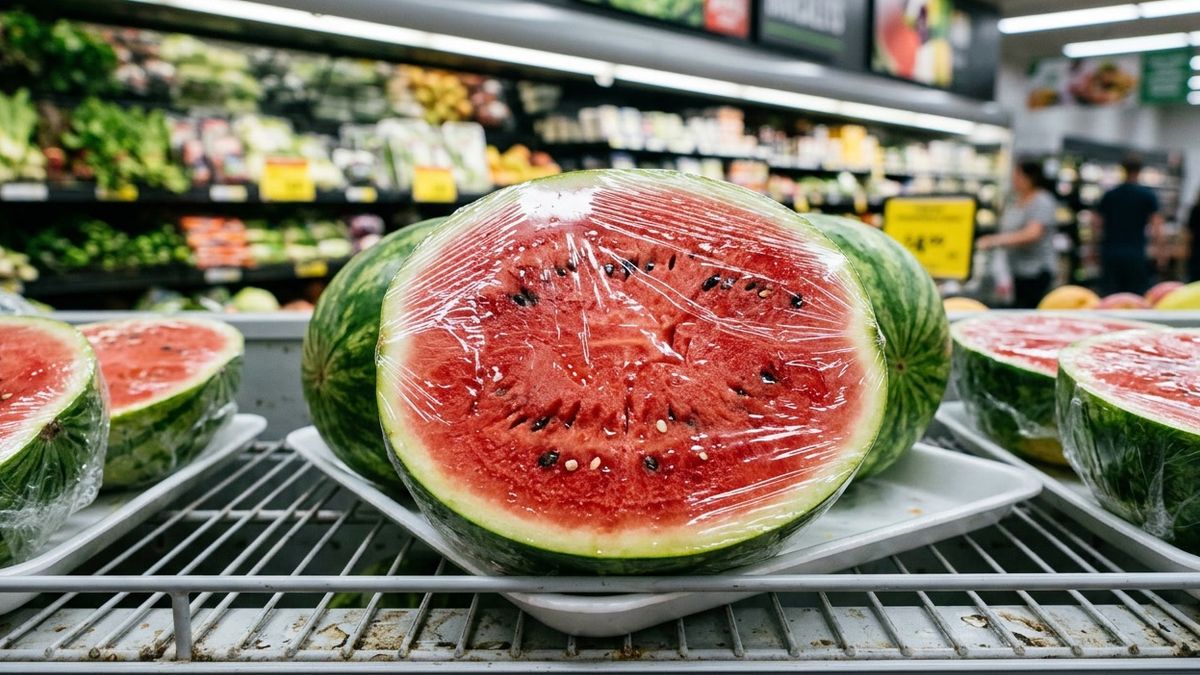 arbuz zawinięty folią spożywczą w supermarkecie