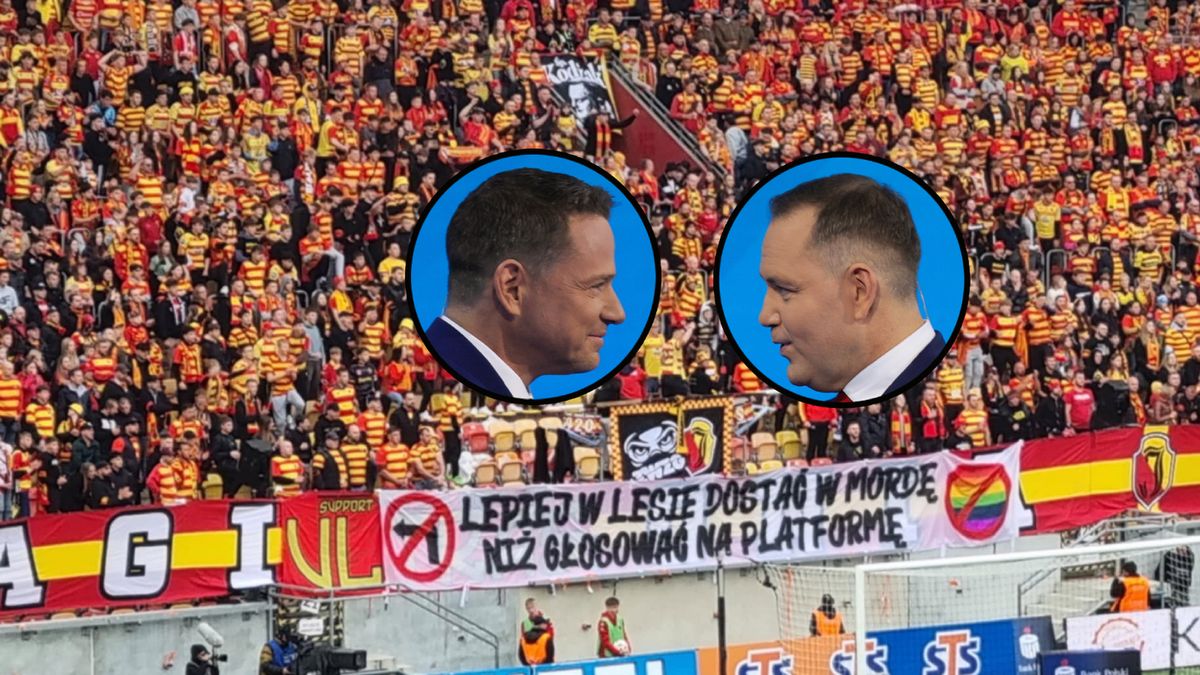 PAP / Paweł Supernak/ WP SportoweFakty / Transparent kibiców Jagiellonii, Rafał Trzaskowski i Karol Nawrocki