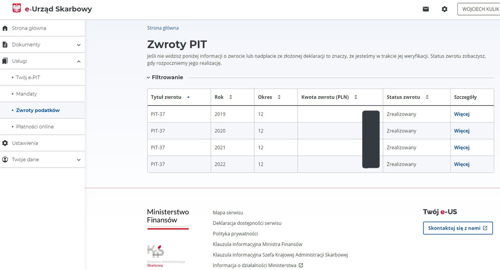 Lista zwrotów podatku w e-Urzędzie Skarbowym
