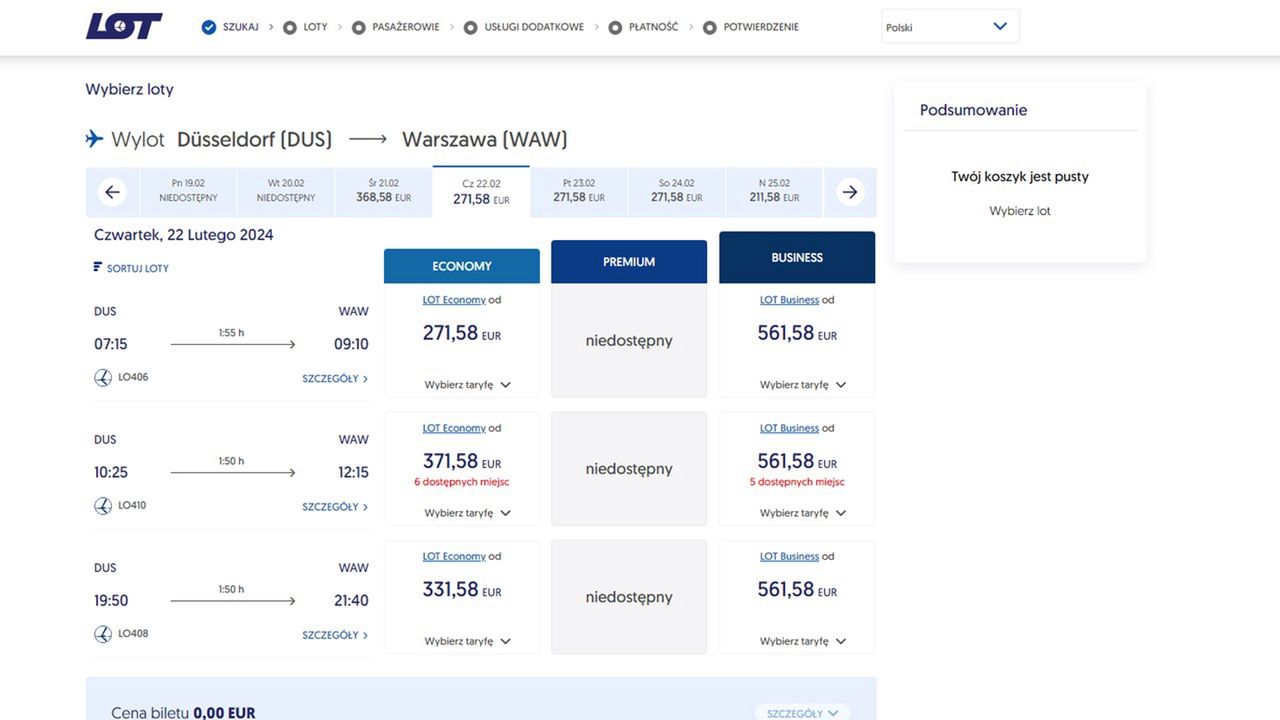 Zrzuty ekranu pokazujące ceny biletów