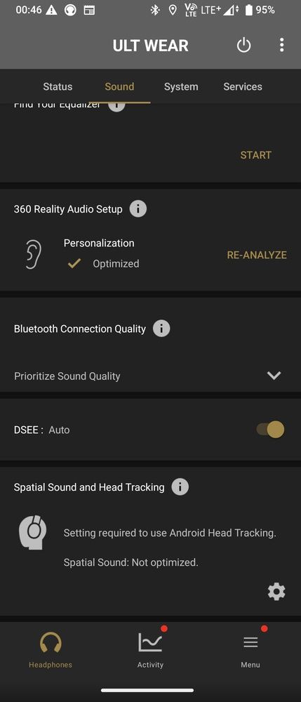 Ekrany aplikacji Sony Headphone Connect. Mamy tu podział na trzy sekcje, Headphones do konfiguracji słuchawek, Activity z podsumowaniem korzystania z nich, Menu z opcjami aktualizacji.