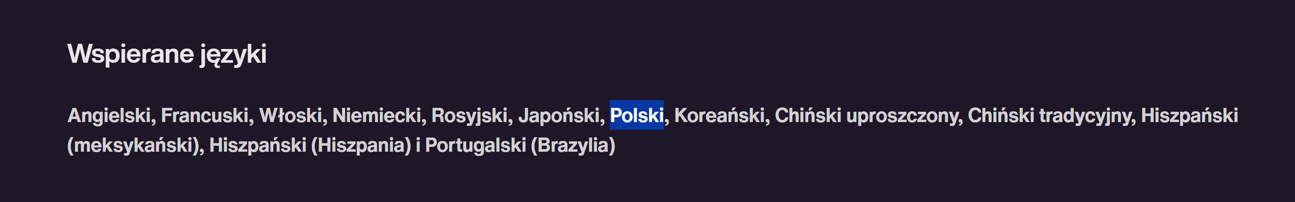 Lista obsługiwanych języków