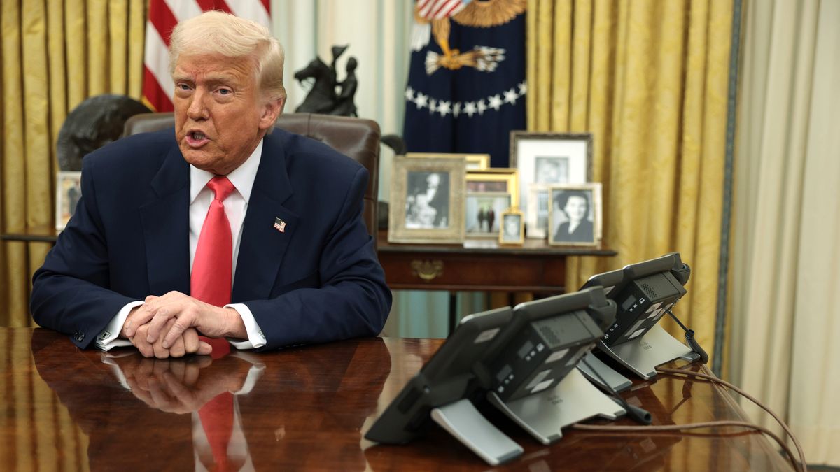 WASHINGTON, DC - MARCH 06: U.S. President Donald Trump speaks as he signs executive orders in the Oval Office of the White House on March 06, 2025 in Washington, DC. President Trump signed a series of executive orders, including lifting 25% tariffs for all goods compliant under USMCA trade agreement, terminating the security clearances of those who work at the law firm Perkins Coie, combating drug trafficking at the northern border as well as announcing a $20 billion investment by shipping giant CMA CGM for U.S. infrastructure and jobs. (Photo by Alex Wong/Getty Images)