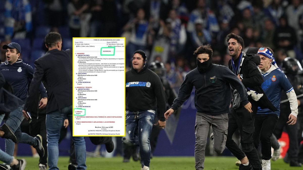 PAP/EPA / Alejand / Na zdjęciu: kibice Espanyolu Barcelona podczas ataku na graczy FC Barcelona / małe zdjęcie: raport sędziego