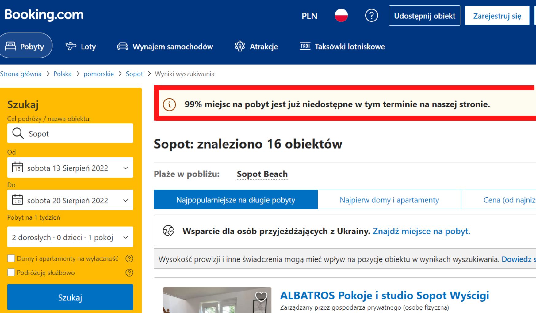 W Sopocie 99 proc. miejsc jest zajętych
