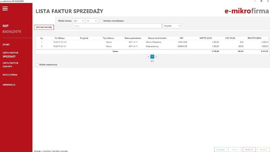 Przykładowy panel programu e-mikrofirma