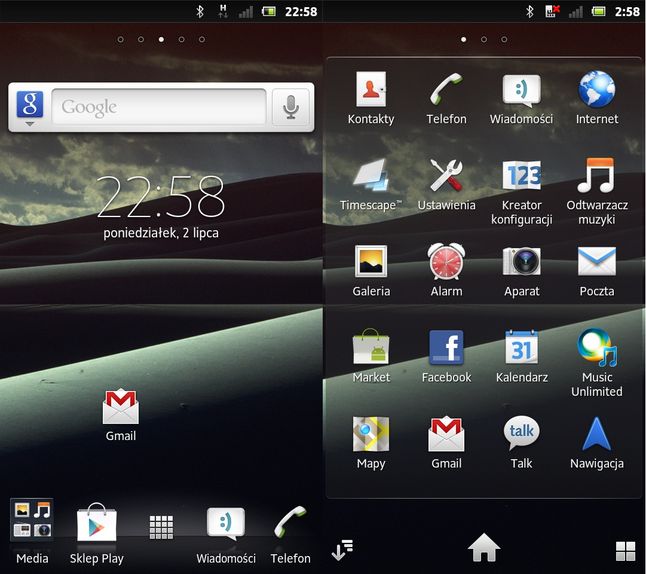 Xperia P - ekran główny i menu