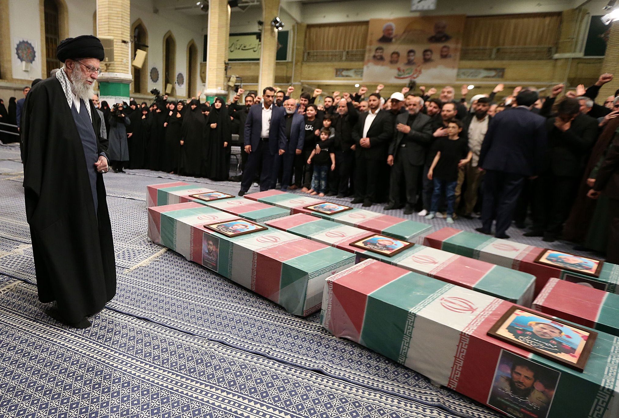 Funeral ceremony held for Iranians killed in Israeli attack on Iranian consulate in SyriaTEHRAN, IRAN - APRIL 04: (----EDITORIAL USE ONLY  MANDATORY CREDIT - 'IRANIAN LEADER PRESS OFFICE / HANDOUT' - NO MARKETING NO ADVERTISING CAMPAIGNS - DISTRIBUTED AS A SERVICE TO CLIENTS----) Iranian Supreme Leader Ayatollah Ali Khamenei and relatives of the victims attends the funeral ceremony held for victims who lost their lives in Israeli attack on Iran's consulate building in the embassy compound in Damascus in Tehran, Iran on April 04, 2022. (Photo by Iranian Leader Press Office / Handout/Anadolu via Getty Images)Anadoluayatollah ali khamenei, funeral ceremony, iranian consulate, iranian supreme leader, relatives victims