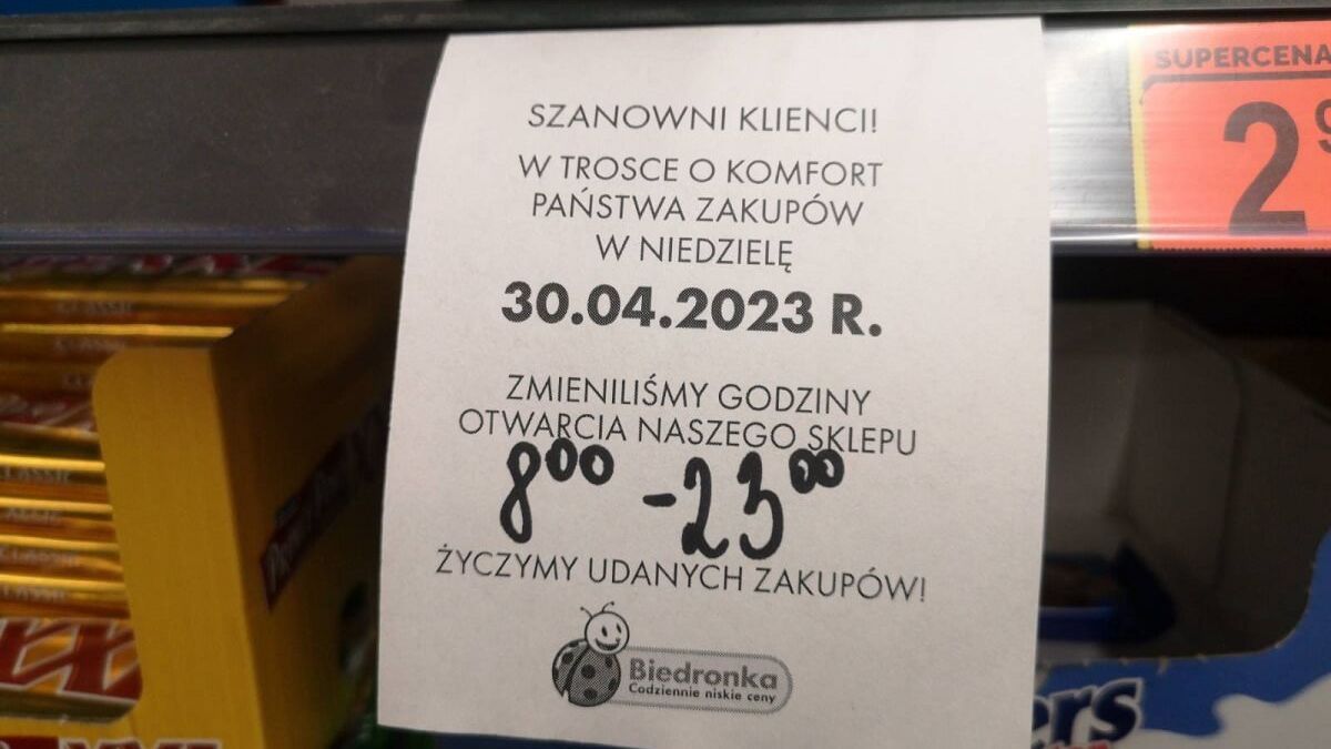 Sklepy Biedronka czynne w niedzielę 30.04 23 nawet do godziny 23:00