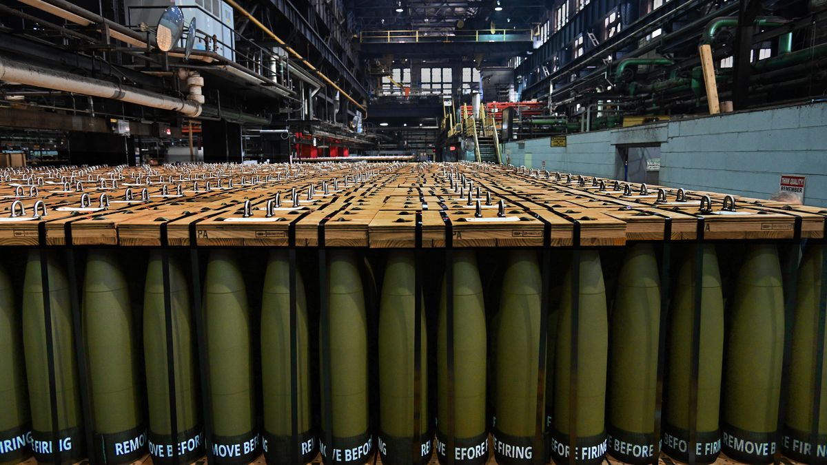 SCRANTON, PA- FEB 01: Thousands of completed (but not yet armed) and ready to ship shells are on view in the Scranton Army Ammunition Plant in Scranton, Pennsylvania on February 01, 2023. The more than century old factory once built steam locomotives. Production of 155mm shells (projectile bombs) at the Scranton Army Ammunition Plant has been steady as the U.S. commitment to the war in Ukraine ramps up.(Photo by Michael S. Williamson/The Washington Post via Getty Images)