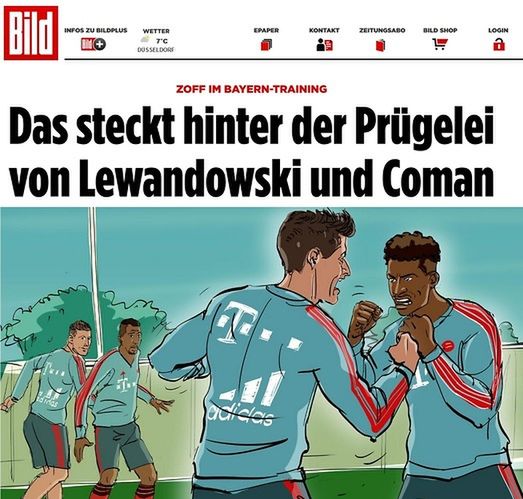 Grafika prezentująca bójkę Lewandowskiego i Comana na treningu. Fot. Bild.