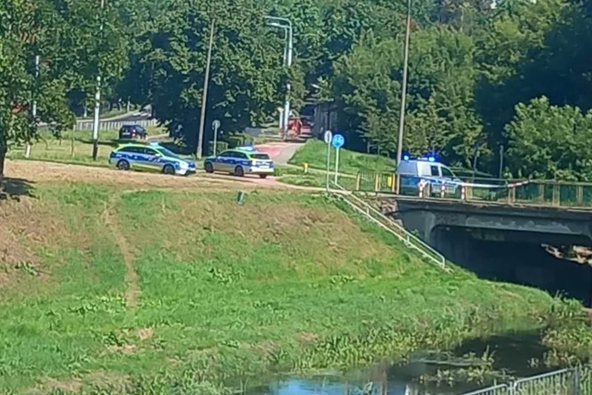 Policja i saperzy przy starym moście na al. Andersa