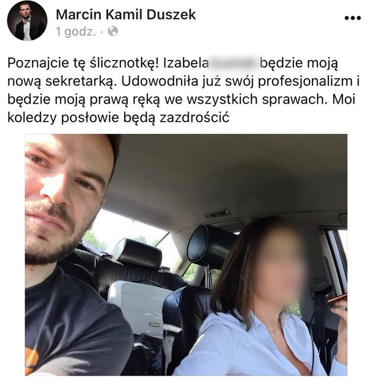 Poseł PiS Marcin Kamil Duszek zamieścił na Facebooku zdjęcie ze "ślicznotką"