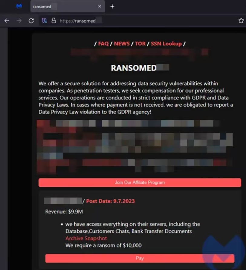 Ogłoszenie na stronie gangu: oferują usługi testów penetracyjnych wraz z oprogramowaniem ransomware i wynegocjowanym procentem od każdego zapłaconego okupu.